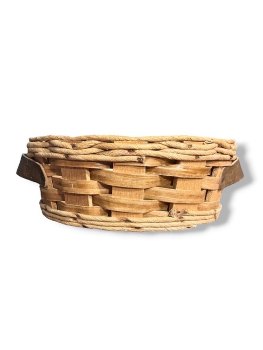 PYREX Wooden Leather Handled Woven Basket Cork Bottom Casserole Carrier VINTAGE